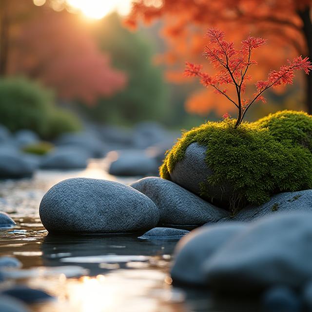 美しい石組みと植物が調和した庭園のクローズアップ